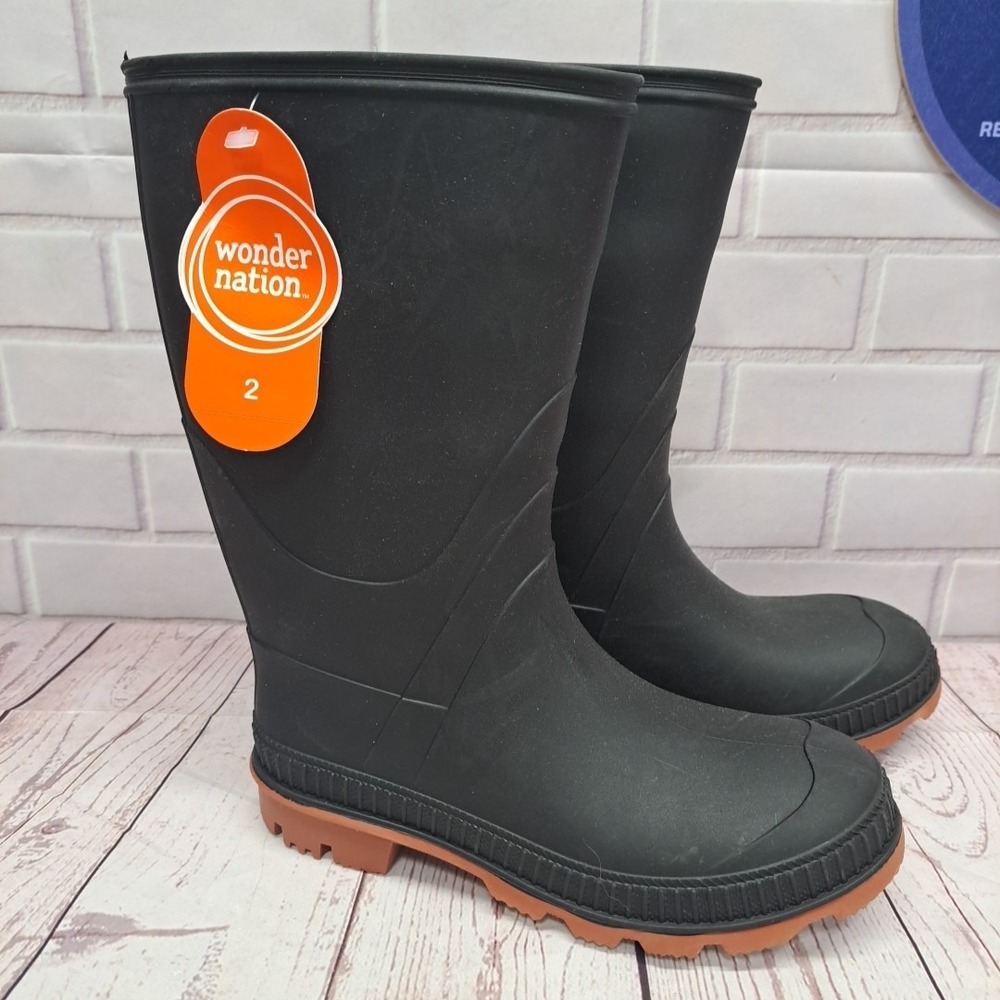 Wonder Nation Youth Boys Black TPE Rubber Lined Slip-on Chore Rain Boots: 2